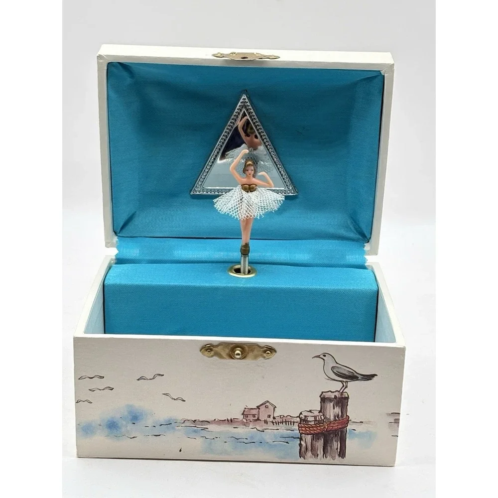 Vintage White Teal Satin Twirl Ballerina Musical Jewelry Box Holly Hobbie Bird